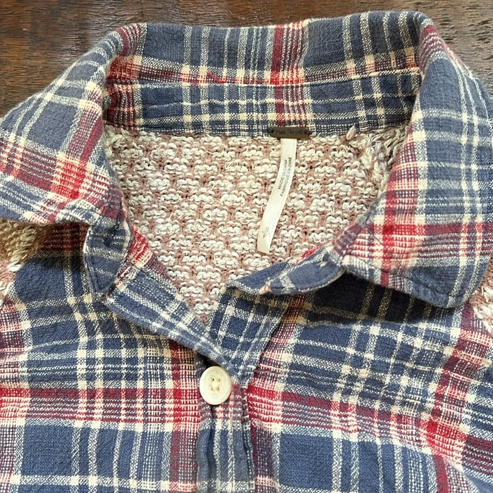 FREE PEOPLE Fireside Nights Plaid & Knit Long Sleeve Blouse Cloudy Combo Size S